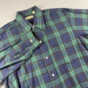 Vintage‎ L.L Bean Flannel Button Up Shirt Mens Large Green Blue Plaid Maine USA